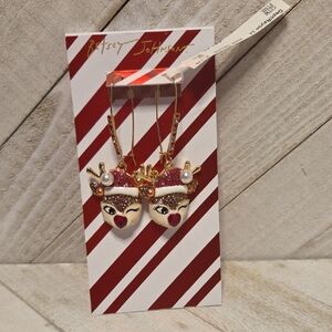 NWT Betsey Johnson Pink Red Cream Reindeer Faux Gold Pearl Sparkly Earrings